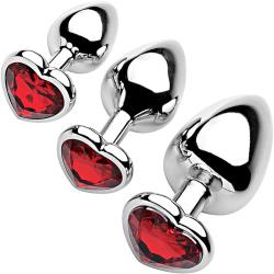 Frisky Hearts 3 Piece Metal Anal Plugs with Red Gem Accents, Chrome
