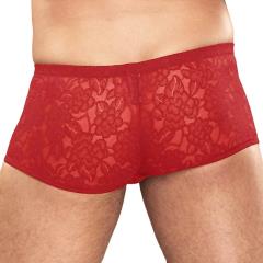 Male Power Stretch Lace Mini Shorts, Small, Red
