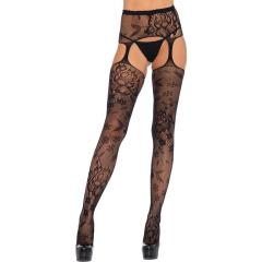 Floral Lace Stockings With Attached High Waist Garter Belt, One Size, Black