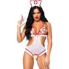 Leg Avenue 2pc Naughty Nurse Includes Crotchless Teddy, One Size, White/Red