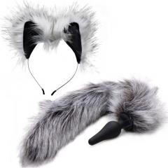 Tailz Grey Wolf Tail Anal Plug and Ears Set, White/Grey