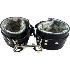 Rouge Furry Lined Leather Wrist Cuffs, Leopard Print