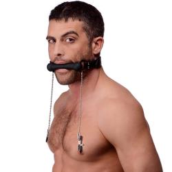 Strict Silicone Bit Gag with Nipple Clamps, Classic Black
