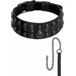 Ouch! Skulls and Bones Biker Collar with Leash, One Size, Black