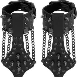 Ouch! Skulls and Bones Spiked Leather Handcuffs with Chains, One Size, Black