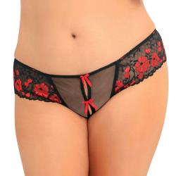 Sweet and Spicy Crotchless Lace Thong with Bows, Plus 3X/4X, Red/Black