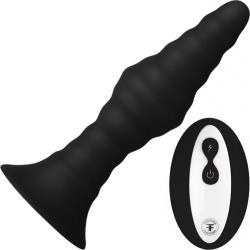 Forto Vibrating Ribbed Butt Plug with Remote Control, 4.7 Inch, Black