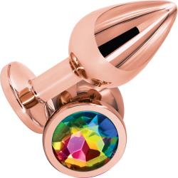 Rear Assets Tapered Metal Butt Plug, Medium, Rose Gold/Rainbow Jewel