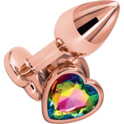 Rear Assets Tapered Metal Butt Plug, Small, Rose Gold/Rainbow Heart