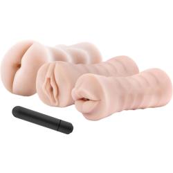 M for Men 3-Pack Self-Lubricating Vibrating Stroker Sleeve Kit, Flesh