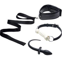 Puppy Play Set: Bone Gag, Anal Tail, and Collar, Black/White