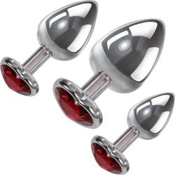 Adam and Eve Red Heart Gem Anal Plug 3 Pc. Set, Silver/Red