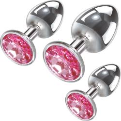 Adam and Eve Pink Gem Set of 3 Anal Plugs, Silver/Pink