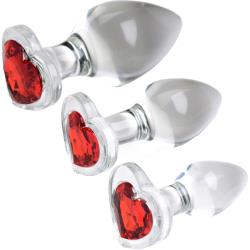 Booty Sparks Red Heart Gem Glass Set of 3 Anal Plugs, Clear/Red