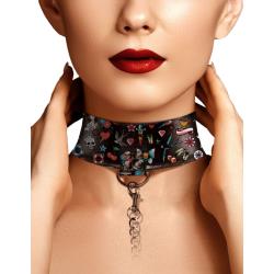 Ouch! Old School Tattoo Printed Collar and Leash, Black