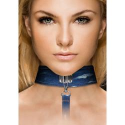 Ouch! Denim Collar with Leash Roughened Denim Style, Blue