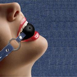 Ouch! Breathable Ball Gag with Roughened Denim Straps, Black/Blue