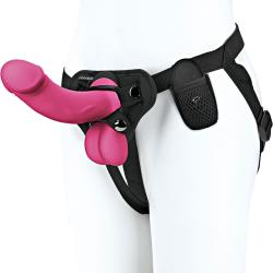 Pegasus Realistic Curved Dildo with Balls Harness & Remote, 6.5 Inch, Pink