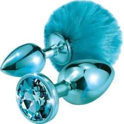 Nixie Pom Pom and Jewel Inlaid Metal Butt Plug Set, Metallic Blue