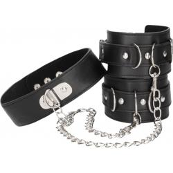 Ouch! Bonded Leather Collar with Hand Cuffs with Adjustable Straps and Chain, Black