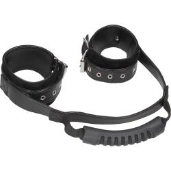 Ouch! Bonded Leather Hand Cuffs with Handle and Adjustable Straps, Black