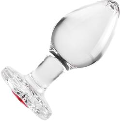 Adam and Eve Glass Anal Plug with Red Gemstone Heart Base, 3.2 Inch, Clear
