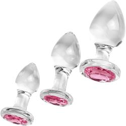 Adam and Eve 3-Piece Glass Anal Plug with Pink Gemstone Base Set, Clear