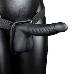 Ouch! Ribbed Hollow Strap-On with Balls, 8 Inch, Black