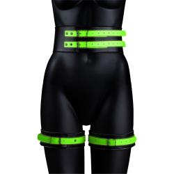 Ouch! Glow in the Dark 5-Piece Bonded Leather Thigh & Handcuffs, S/M, Neon Green
