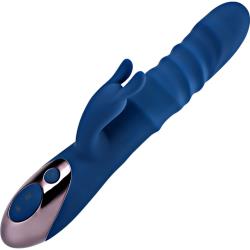 Evolved The Ringer Rechargeable Thrusting Rabbit Vibrator, 9.38 Inch, Blue