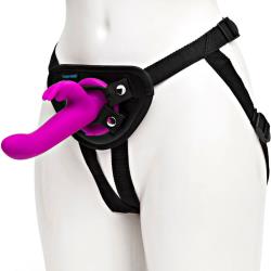 Happy Rabbit Rechargeable Silicone Vibrating Strap-On Harness Set, 7 Inch, Purple
