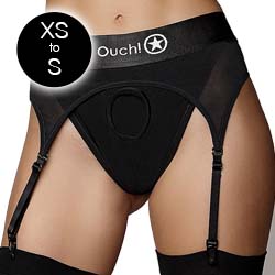 Ouch! Vibrating Strap-on Thong with Adjustable Garters Harness, Extra Small/Small, Black