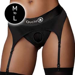 Ouch! Vibrating Strap-on Thong with Adjustable Garters Harness, Medium/Large, Black