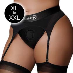 Ouch! Vibrating Strap-on Thong with Adjustable Garters Harness, XL/XXL, Black