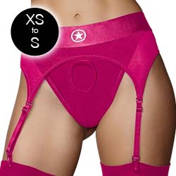 Ouch! Vibrating Strap-on Thong with Adjustable Garters Harness, Extra Small/Small, Pink