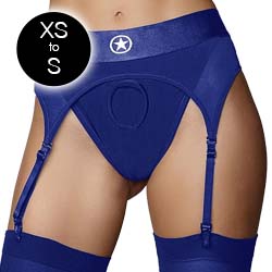 Ouch! Vibrating Strap-on Thong with Adjustable Garters Harness, Extra Small/Small, Blue