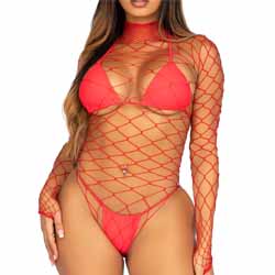 Leg Avenue High Neck Fence Net Long Sleeve Bodysuit, One Size, Red