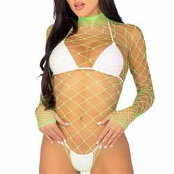 Leg Avenue High Neck Fence Net Long Sleeve Bodysuit, One Size, Green