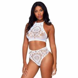 Leg Avenue Crochet Lace Halter Top and Panty Set, Small/Medium, White