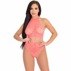 Leg Avenue Crochet Lace Halter Top and Panty Set, Small/Medium, Coral