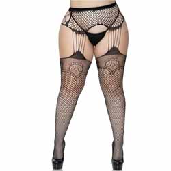 Leg Avenue Industrial Net Stockings with Duchess Lace Top, Plus Size, Black
